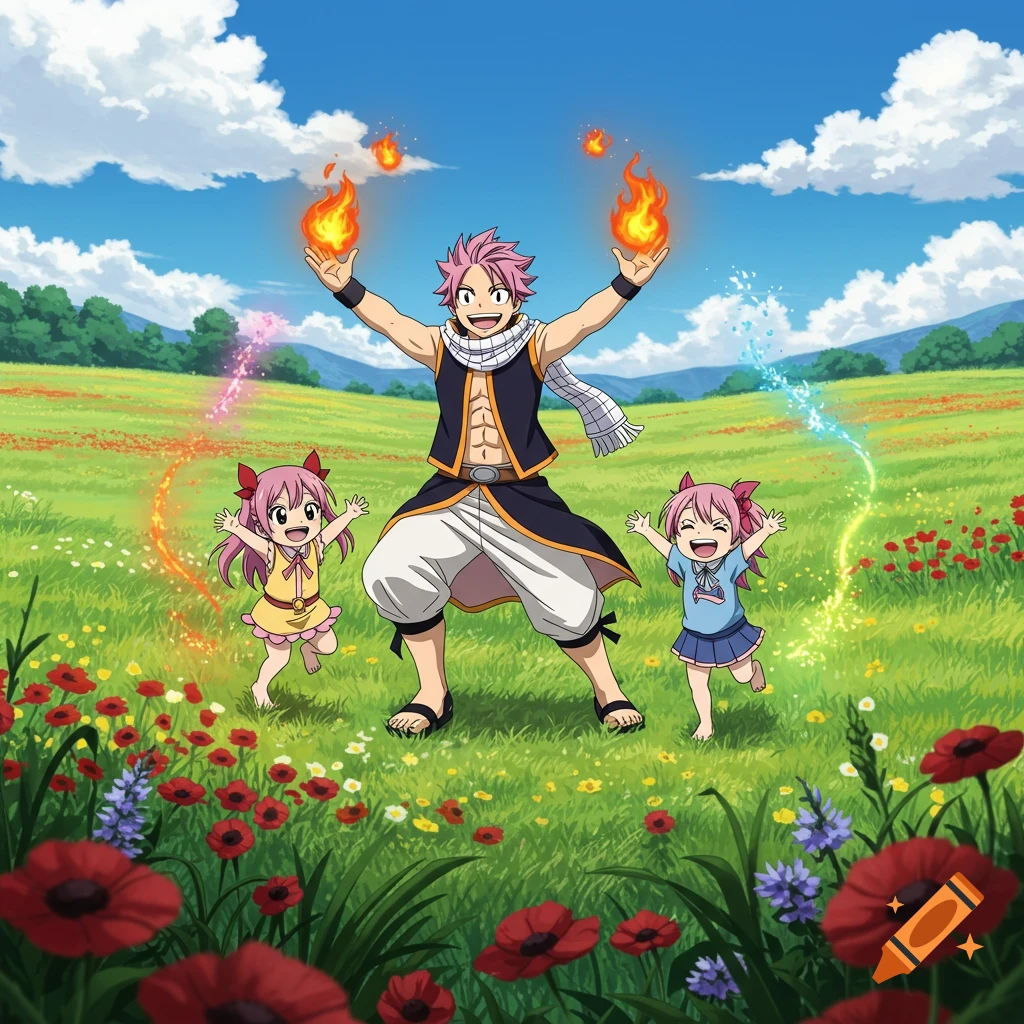 Anime-style Natsu from Fairy Tail casting fire spells while playing with two young girls in a vibrant green field under a blue sky.