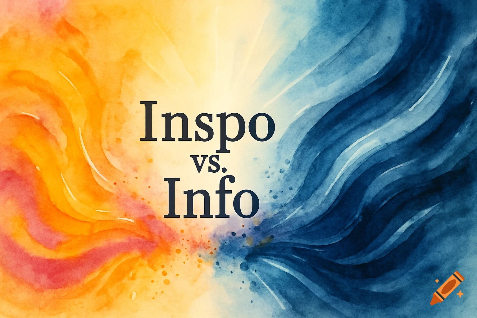 Abstract watercolor background split, warm orange/yellow on left, cool blue on right, with 'Inspo vs. Info' text centered.