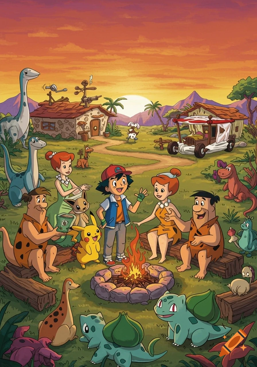 Cartoon crossover of Pokemon and Flintstones characters camping around a campfire at sunset.