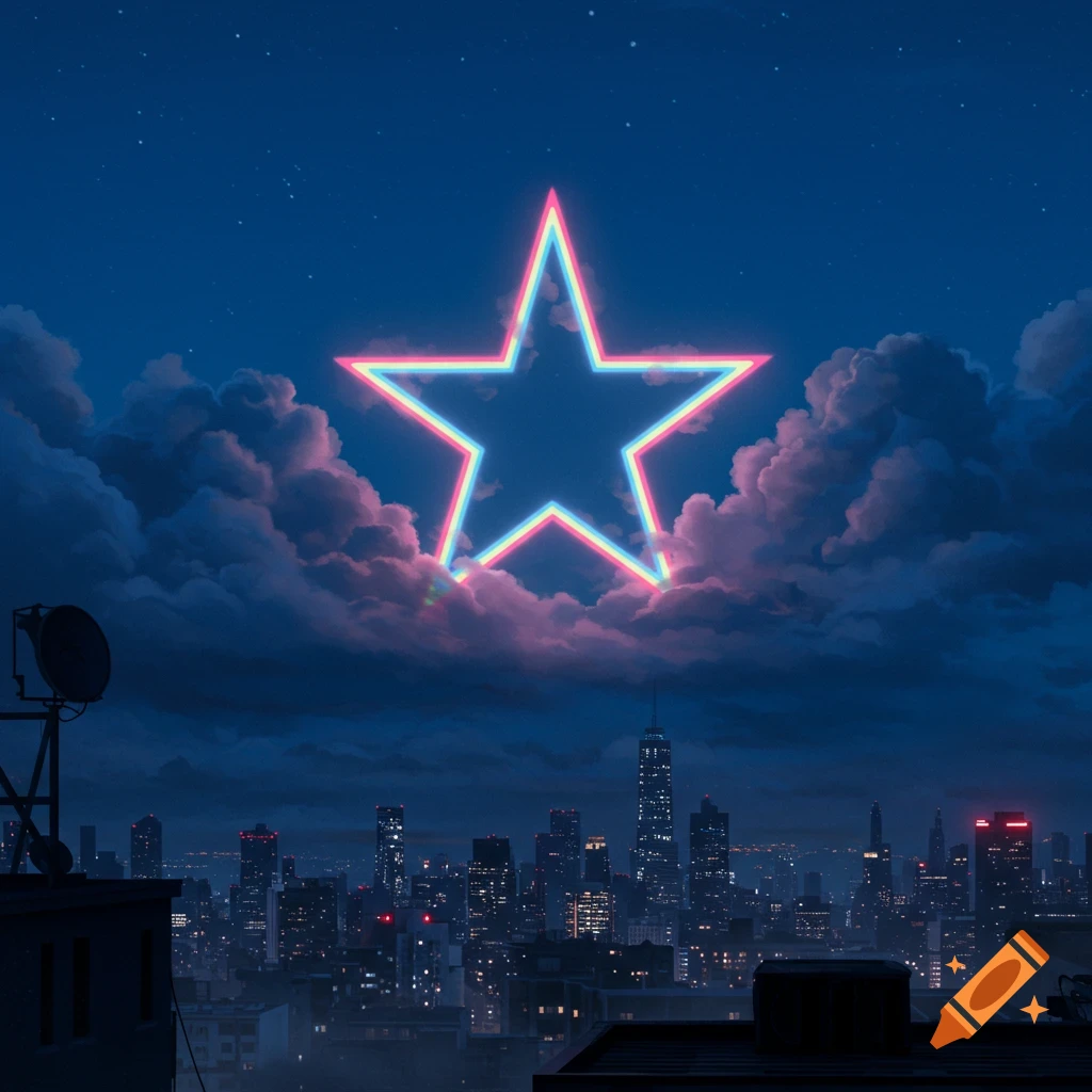 A glowing, neon-colored star illuminates the night sky above a detailed city skyline with illuminated buildings.
