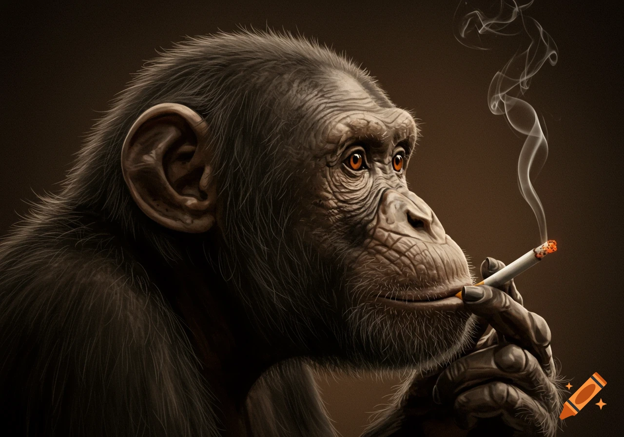 Side profile of a realistic chimpanzee smoking a cigarette, with smoke rising.