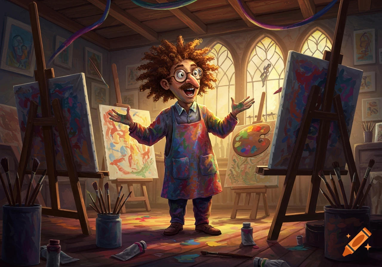 A vibrant cartoon art teacher covered in paint smiles with open arms in a messy art studio with easels and abstract paintings.