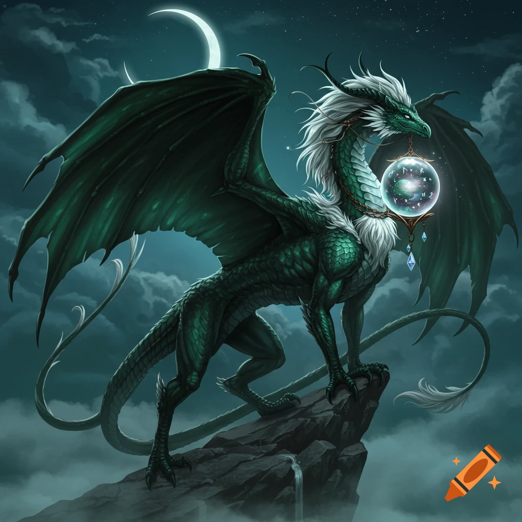 A majestic green dragon with a white mane stands on a rocky mountain peak under a crescent moon, holding a glowing magical orb.