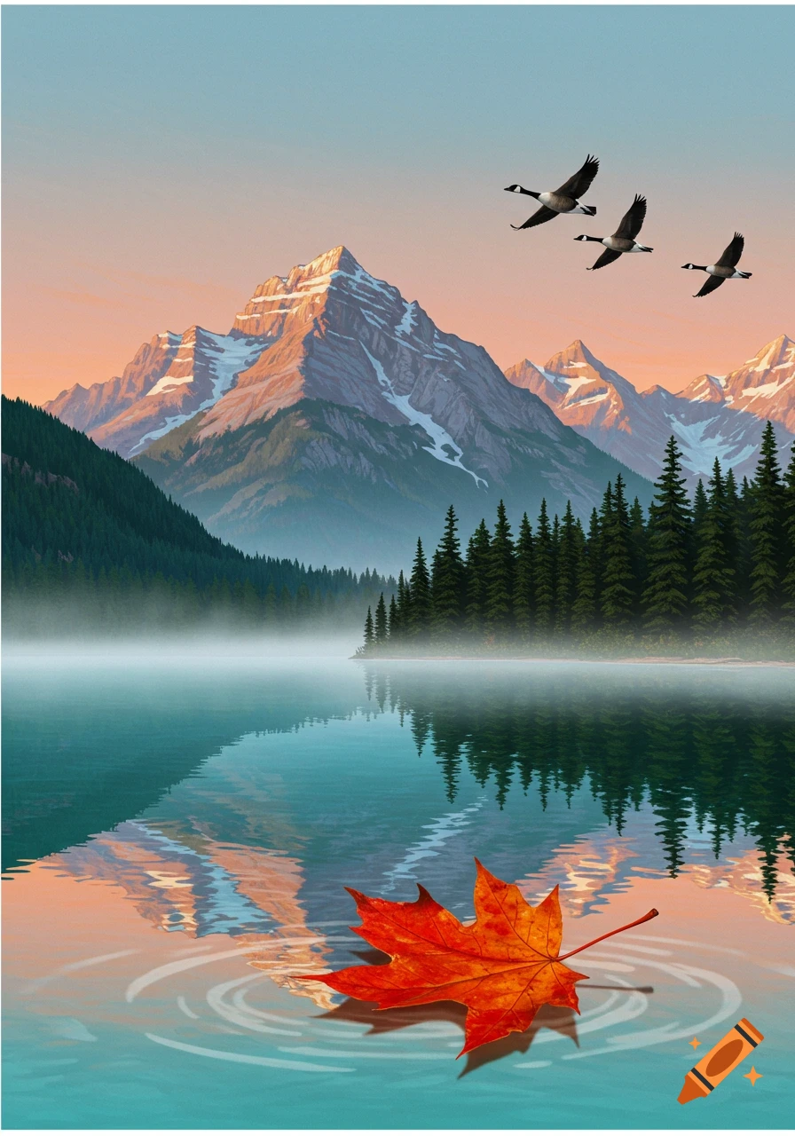 A vibrant red maple leaf floats on a calm, misty lake, reflecting snow-capped mountains and evergreen trees under a twilight sky with flying geese.