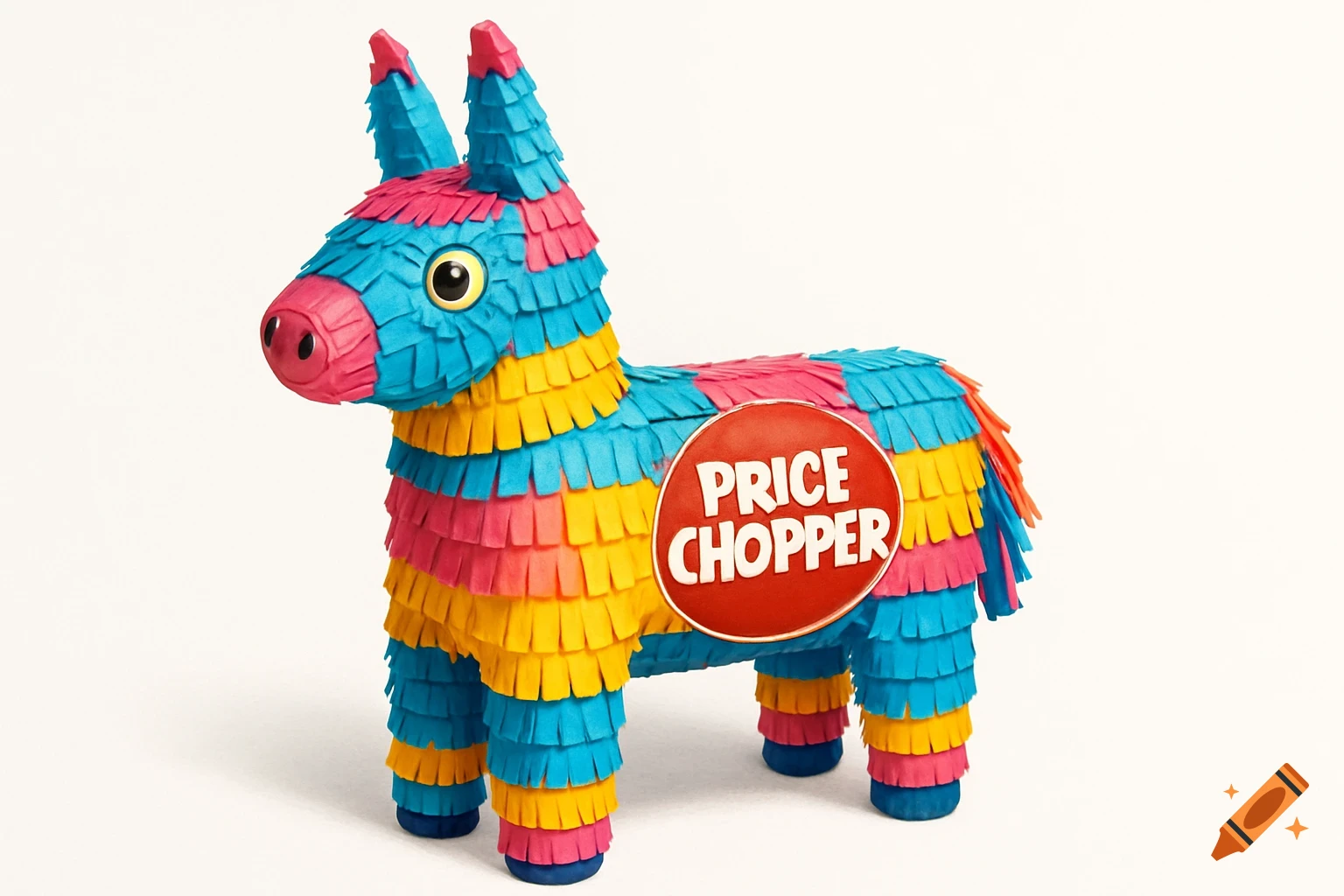 A colorful pink, blue, and yellow donkey pi with a red 'PRICE CHOPPER' logo on its side, on a white background.