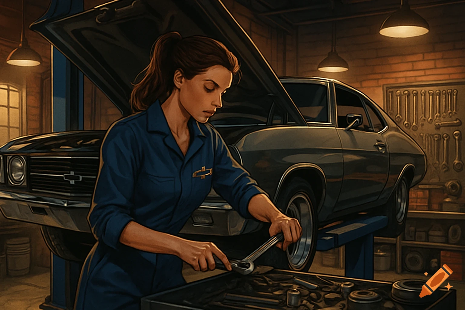 A woman in a blue jumpsuit works on a classic car in a dimly lit garage, holding a wrench over a toolbox. The car is on a lift.