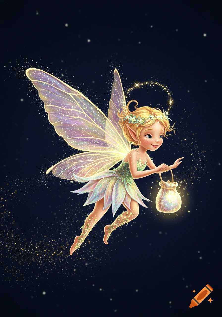 Whimsical illustration of a blonde fairy with iridescent wings and a glowing pouch, flying against a dark, starry background.