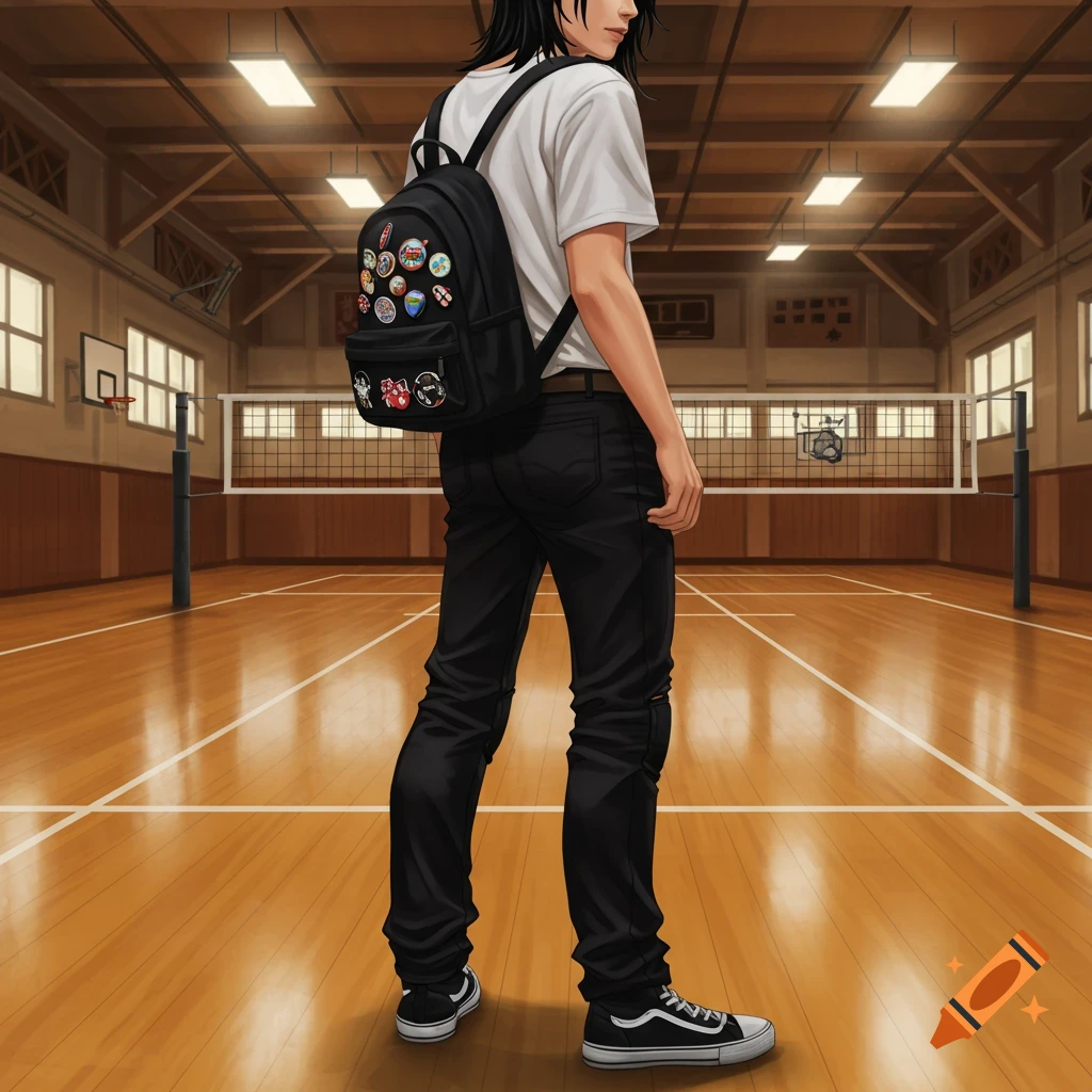An anime-style person in a white tee, baggy black jeans, and a black backpack with pins, standing nonchalantly in a volleyball gym.