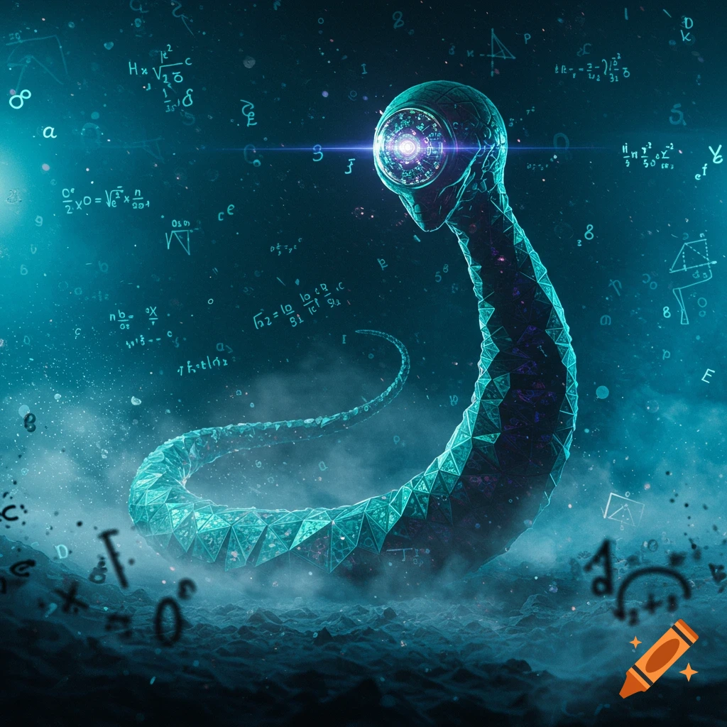 A glowing, crystalline alien creature with a large eye in a dark, space-like environment filled with floating mathematical equations and symbols.