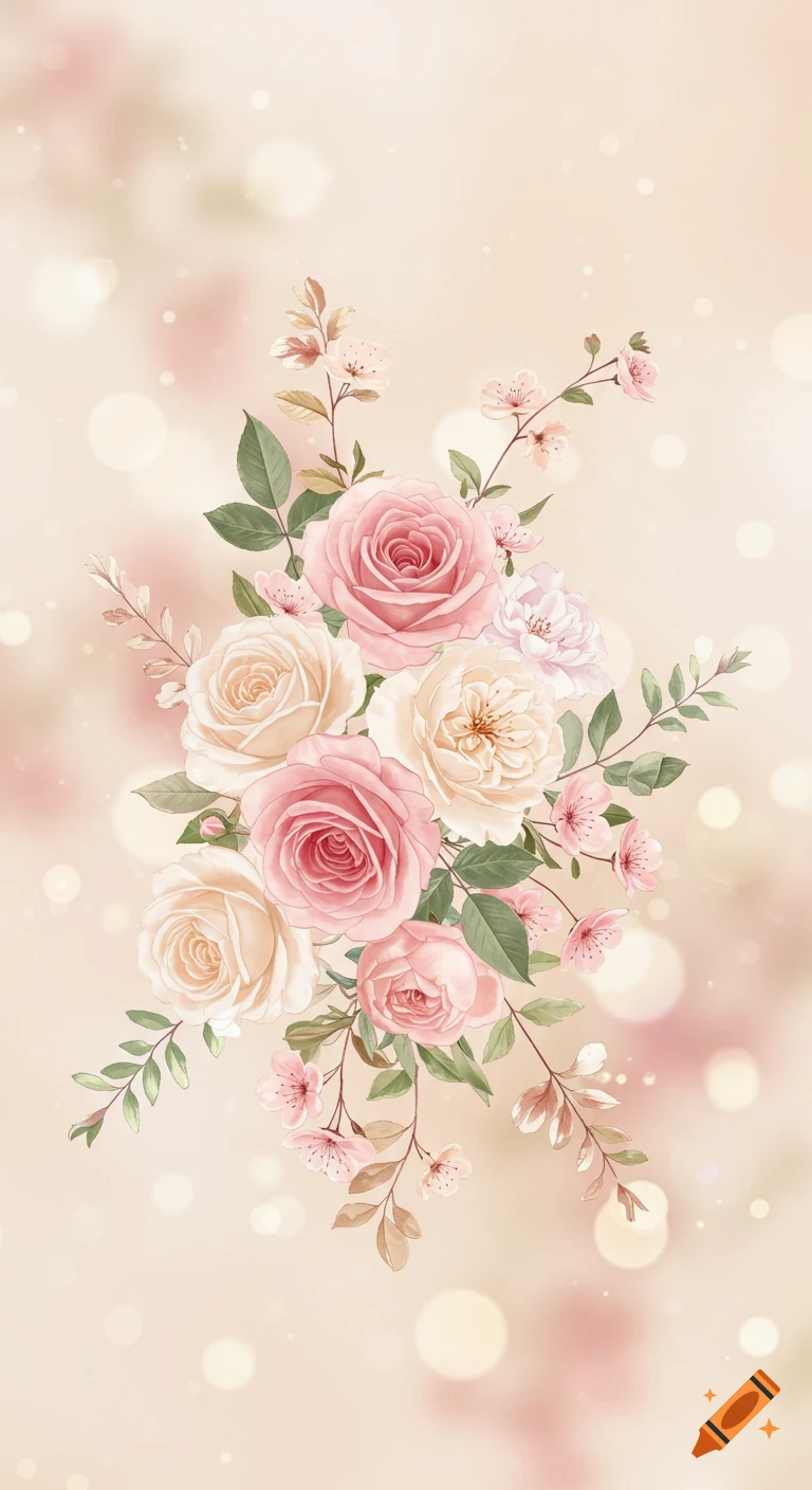 Watercolor illustration of pink and cream roses bouquet with green leaves on a soft, blurry background with bokeh.