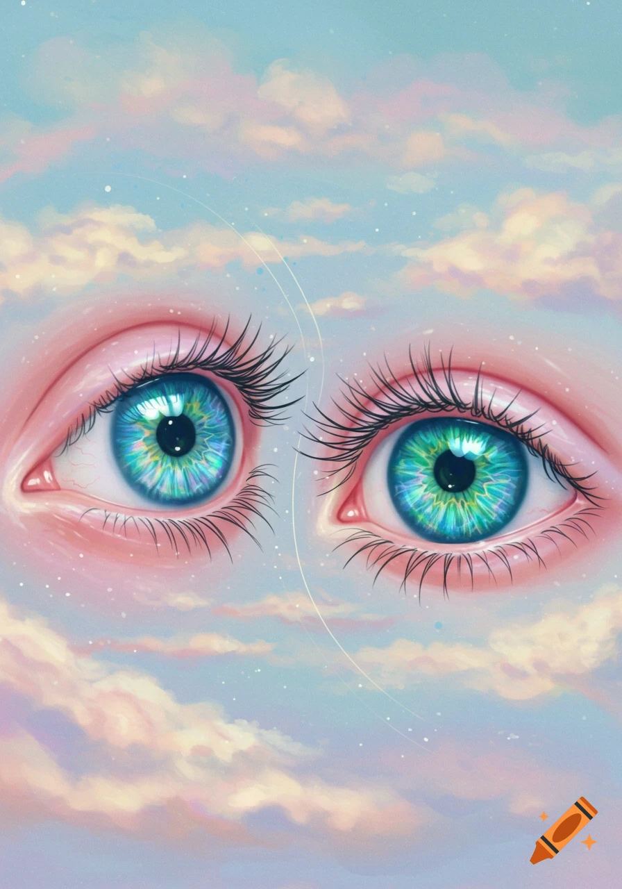 Two stylized blue-green eyes with long lashes looking forward, set against a pastel pink and blue cloudy sky with sparkling dots.