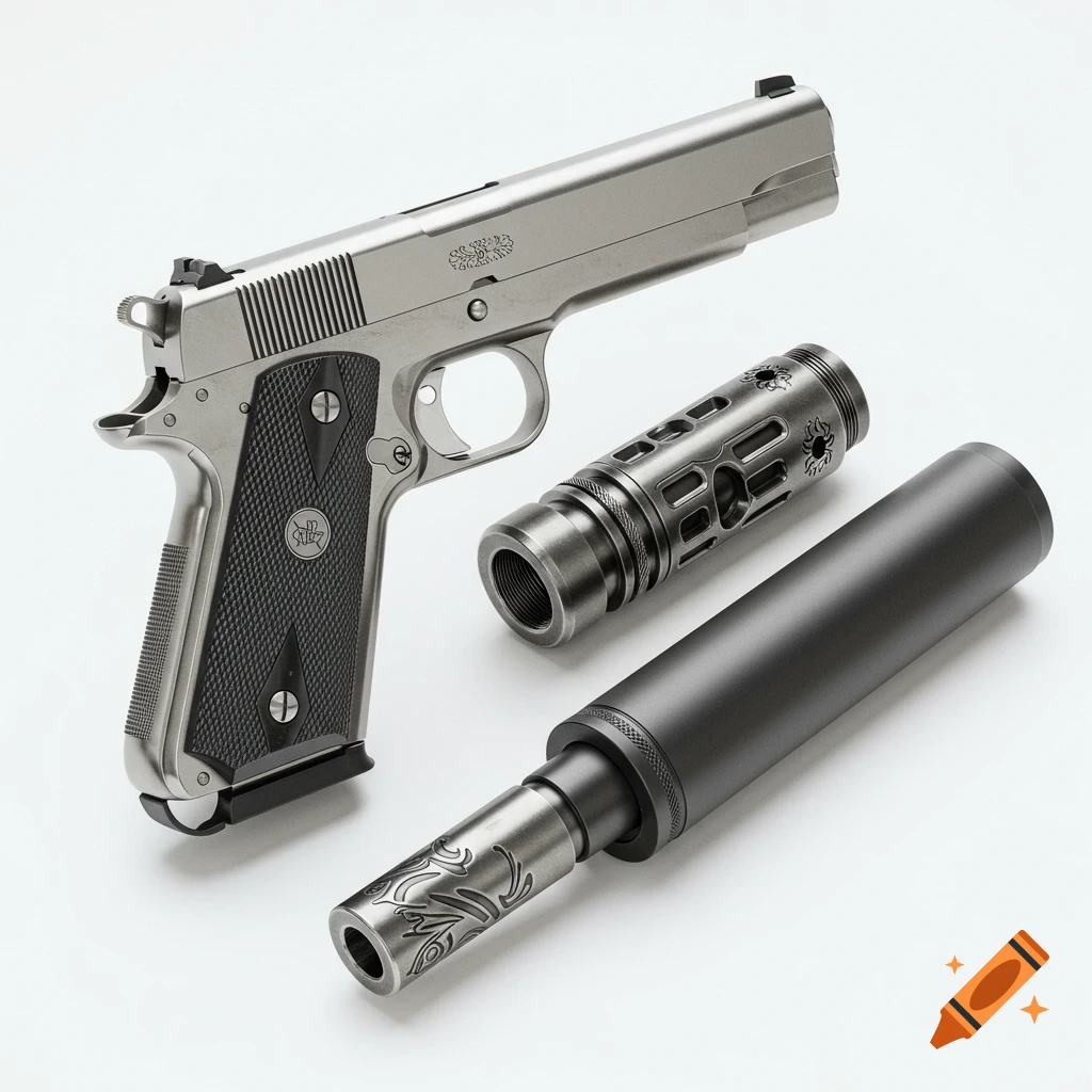 A stainless steel 1911 pistol with a threaded barrel and suppressor on a white background.