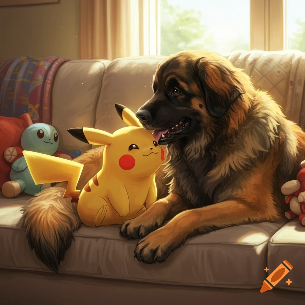 A large brown Leonberger dog gently licks a smiling yellow Pikachu plush on a couch, with another blue Pok mon plush nearby. Illustrative style.
