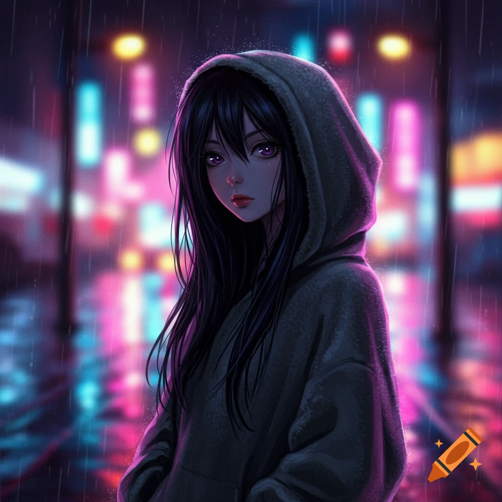 Anime girl with long black hair and a hoodie stands in the rain with blurred neon city lights in the background.