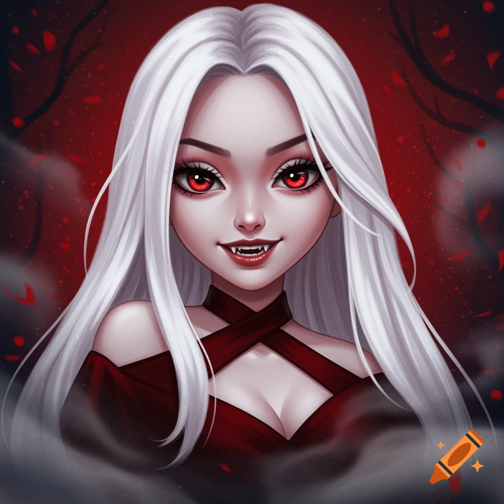 Stylized anime portrait of a female vampire with long white hair, red eyes, and fangs, wearing a dark red dress.