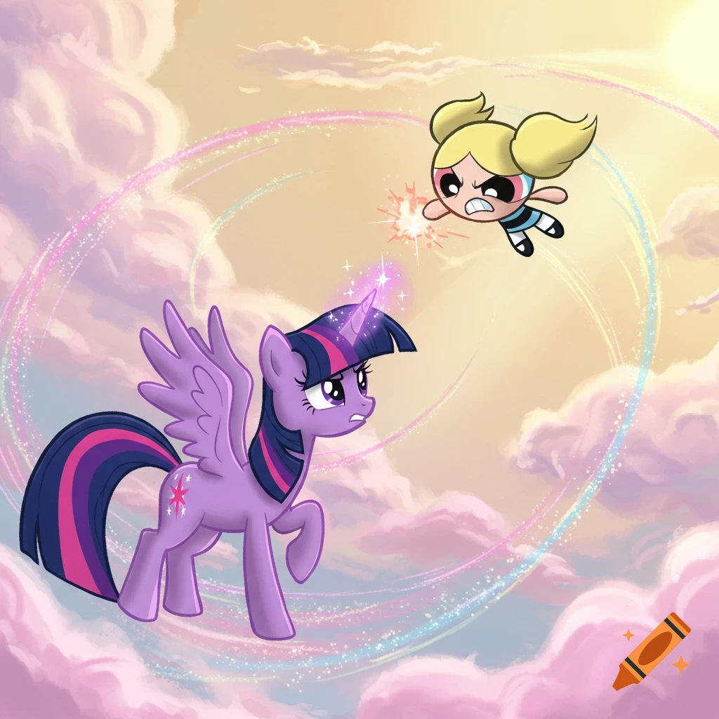Purple alicorn Twilight Sparkle looks surprised as angry blonde Powerpuff Girl Bubbles attacks her in a cloudy sky.