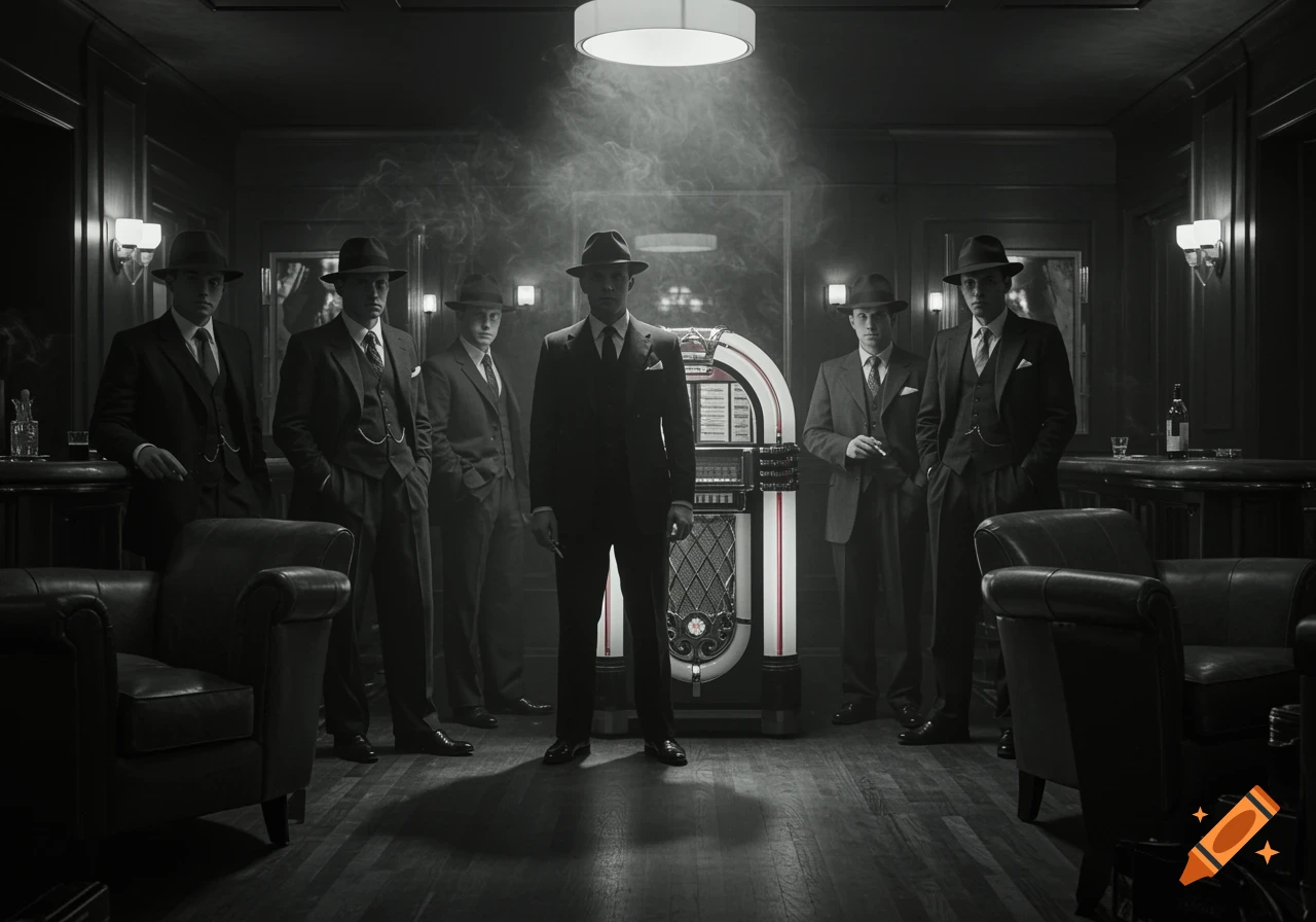 Black and white photo of six men in 1950s suits and fedoras standing in a smoky bar with a jukebox.