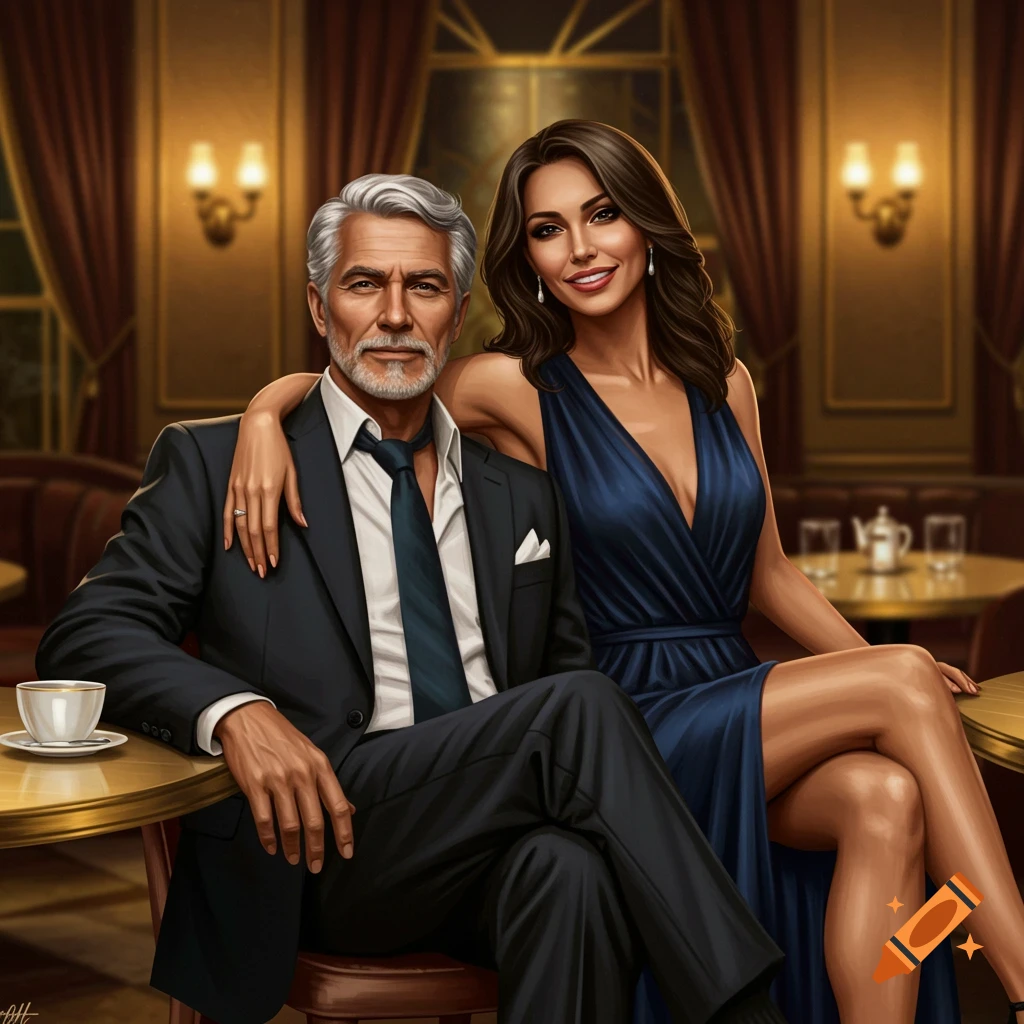 A smiling couple in a formal restaurant, a grey-haired man in a suit with a woman in a blue dress leaning on him.