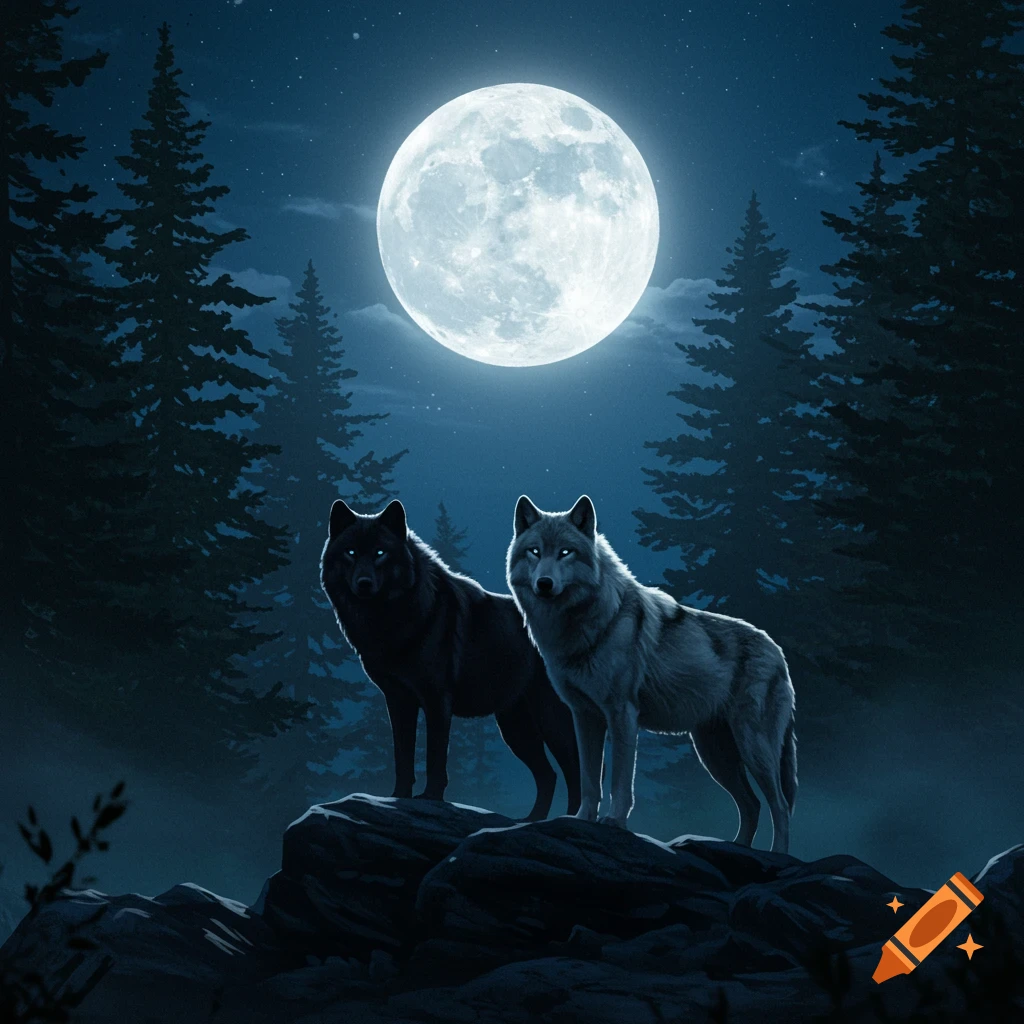 Two wolves, one dark and one light, stand on rocks in a dark forest under a large, bright full moon at night.