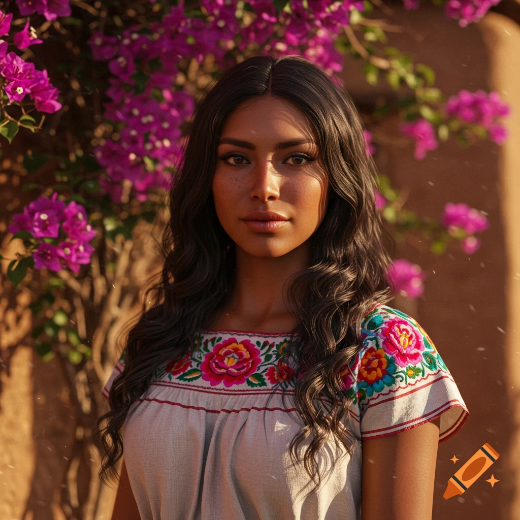 A photorealistic portrait of a young woman with dark hair and freckles, wearing a white embroidered traditional blouse, against a background of vibrant pink bougainvillea.