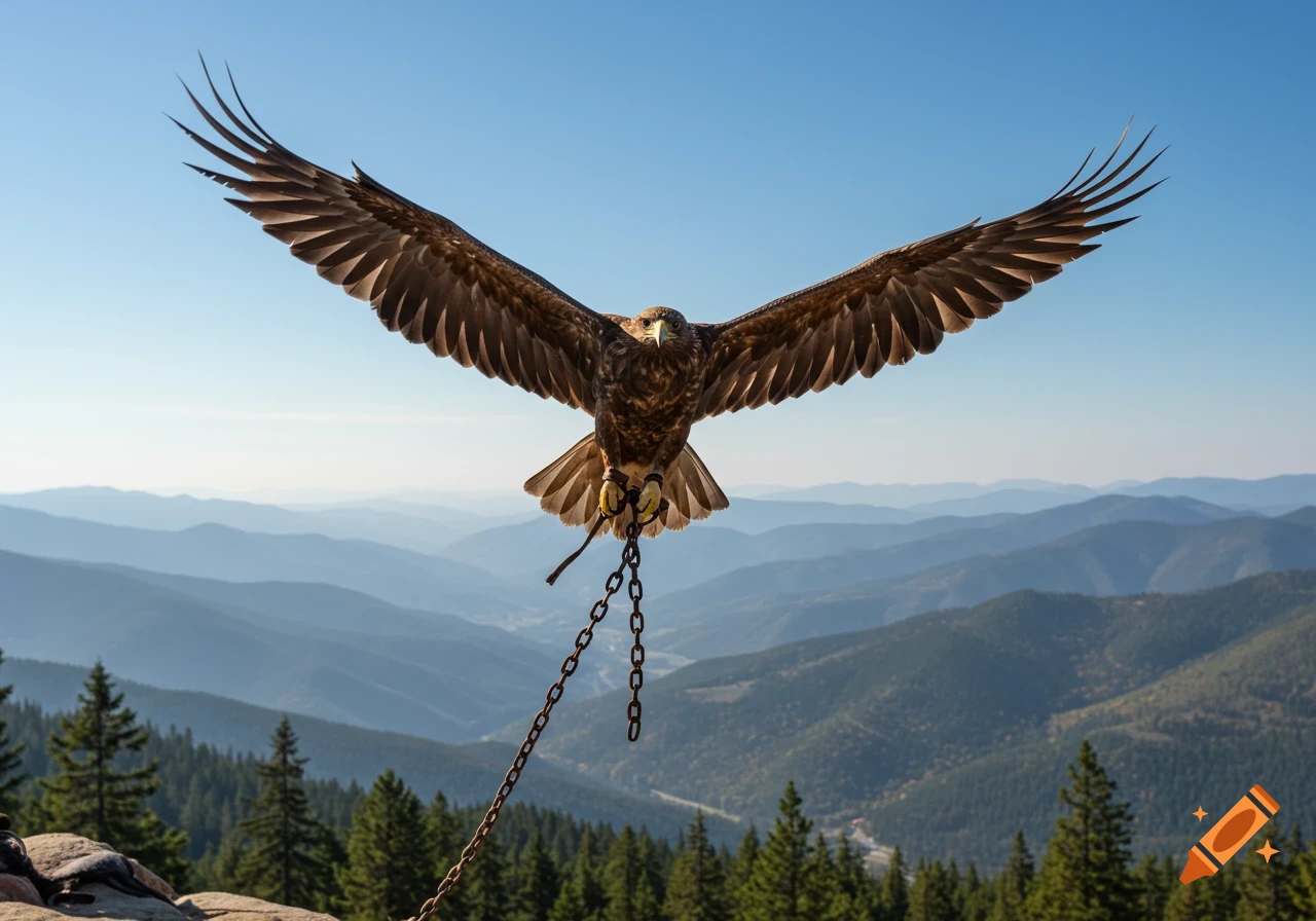 A large eagle with outstretched wings flies over a mountain range under a clear blue sky, a metal chain hanging from its leg.