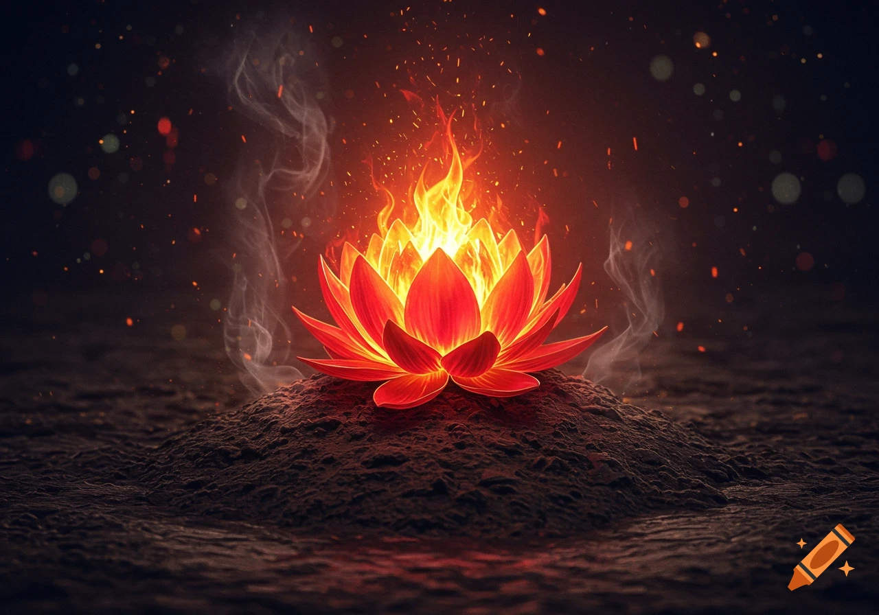 A vibrant red lotus flower with bright orange flames and embers burning from its center, set on a dark mound.