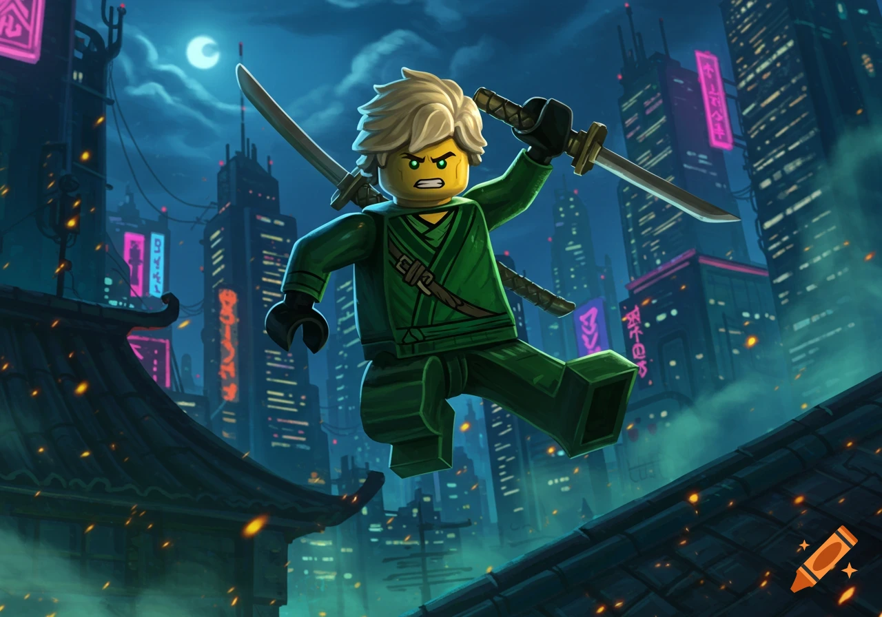 Lego Ninjago's Lloyd, in green, jumps with swords across futuristic city rooftops at night under a full moon.