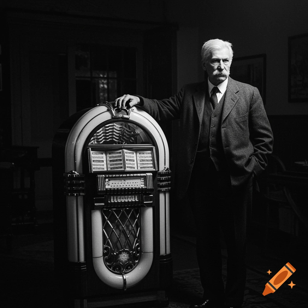Black and white portrait of an older man with a mustache standing next to a vintage jukebox in a dimly lit room.