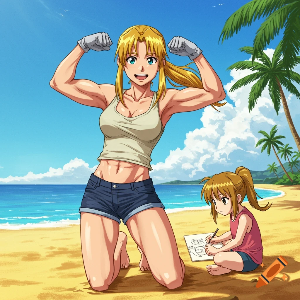 Anime woman flexing muscles on a beach while a child draws her.