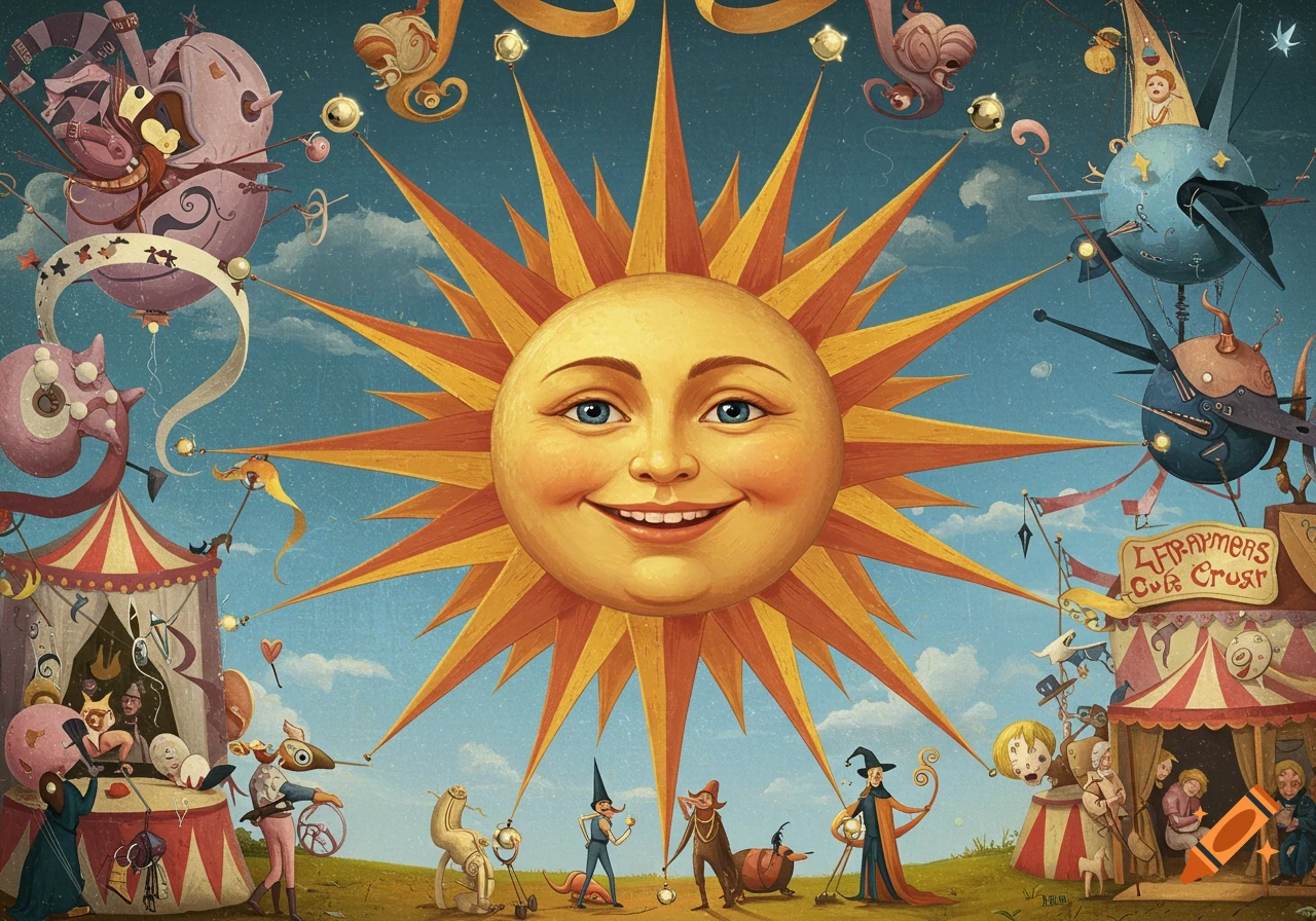 A whimsical circus sideshow scene featuring a large smiling sun face, surrounded by peculiar characters, tents, and fantastical contraptions under a blue sky.