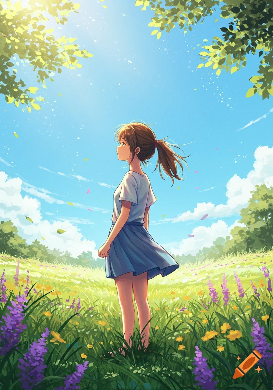 An anime girl with brown hair in a ponytail stands in a sunny field of purple and yellow flowers, looking up at the bright blue sky and green trees.