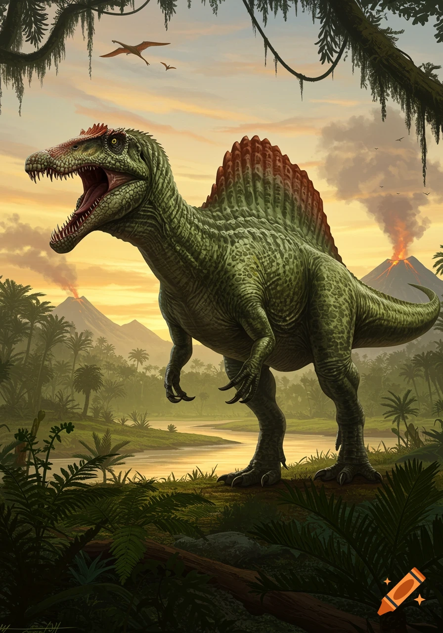 A large green Spinosaurus with an open mouth stands in a lush prehistoric jungle with a river, palm trees, and smoking volcanoes under an orange sunset sky.