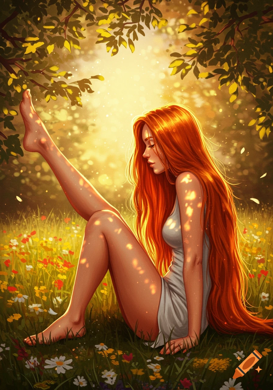 A red-haired woman sits barefoot with one leg raised in a sunny field of wildflowers, digital art.
