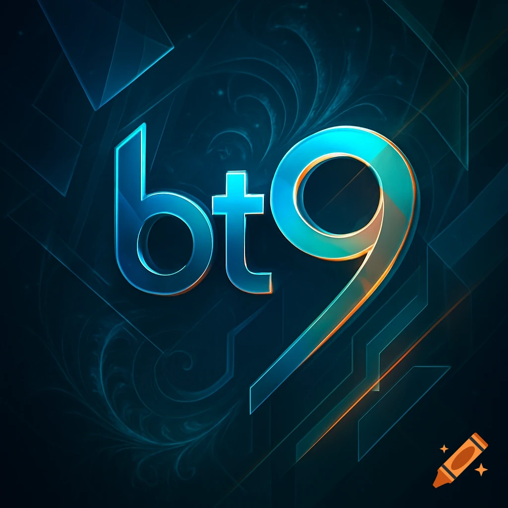 A futuristic, glowing blue and orange 'bt9' logo with abstract geometric and swirling patterns on a dark blue background.