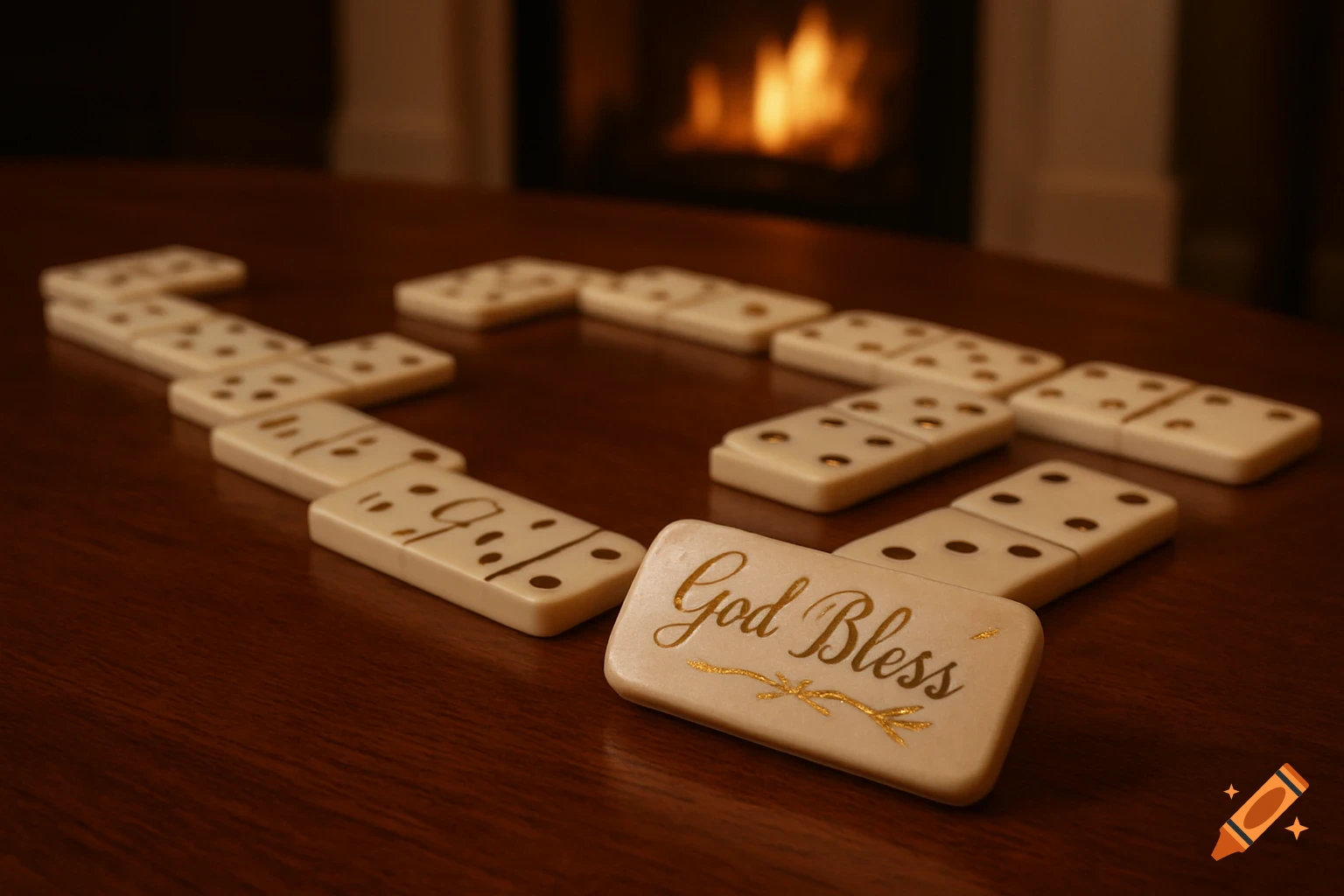 Dominoes on a wooden table with 'God Bless' on one tile, a fireplace in the background.