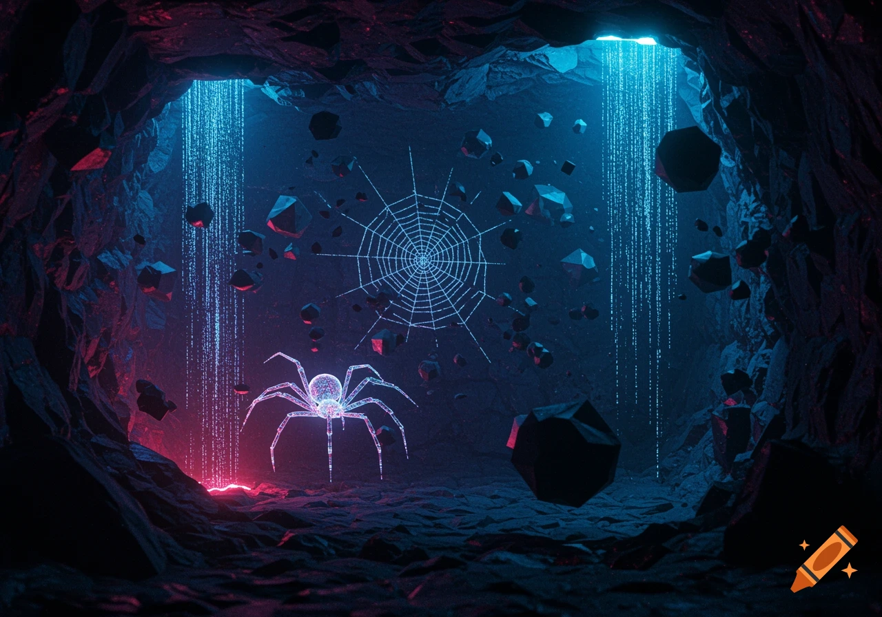 A glowing neon spider and web in a dark cave with red and blue light and floating rocks.