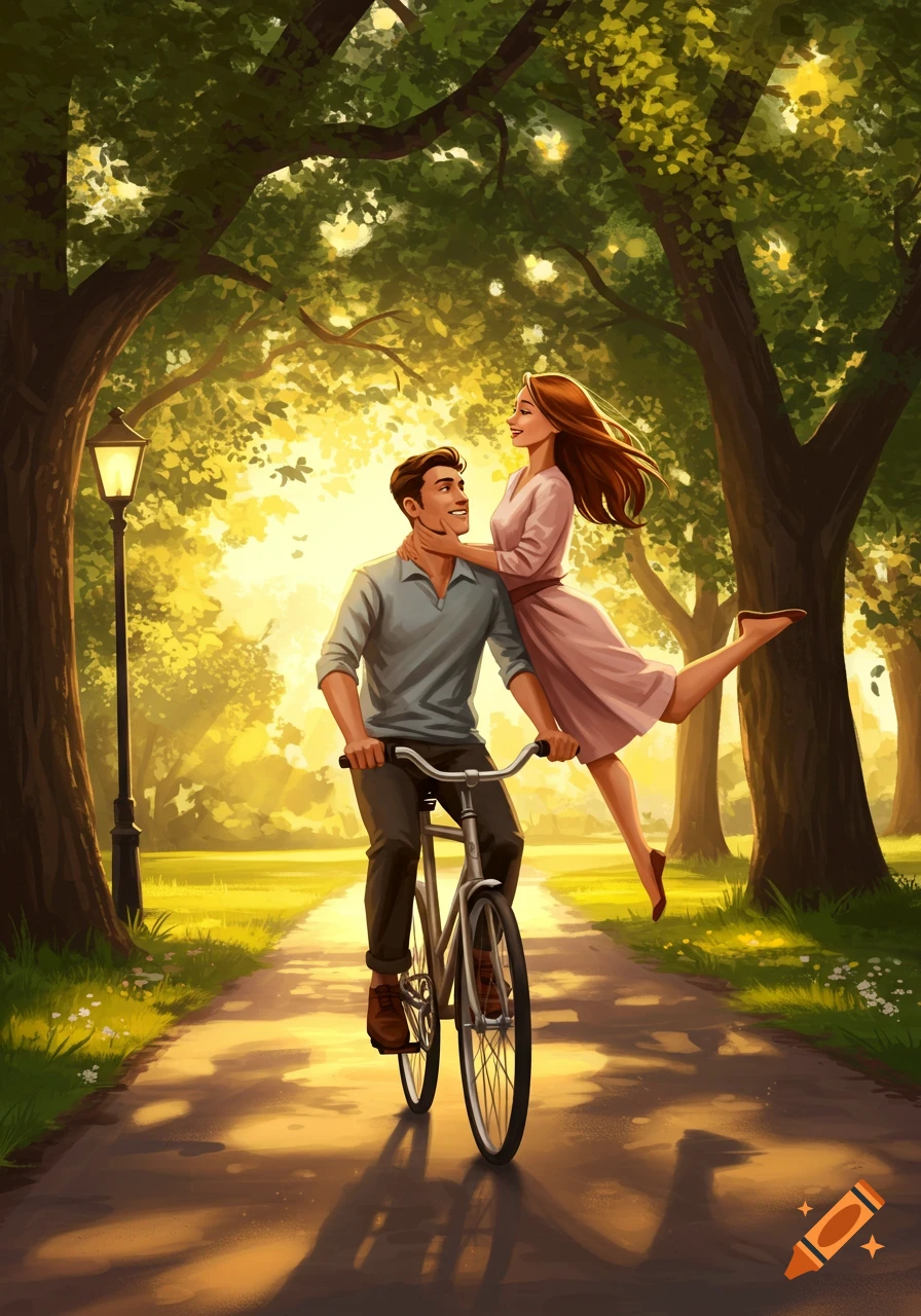 Illustrated scene of a man cycling with a woman sitting on the handlebars, embracing him, in a sunny park.