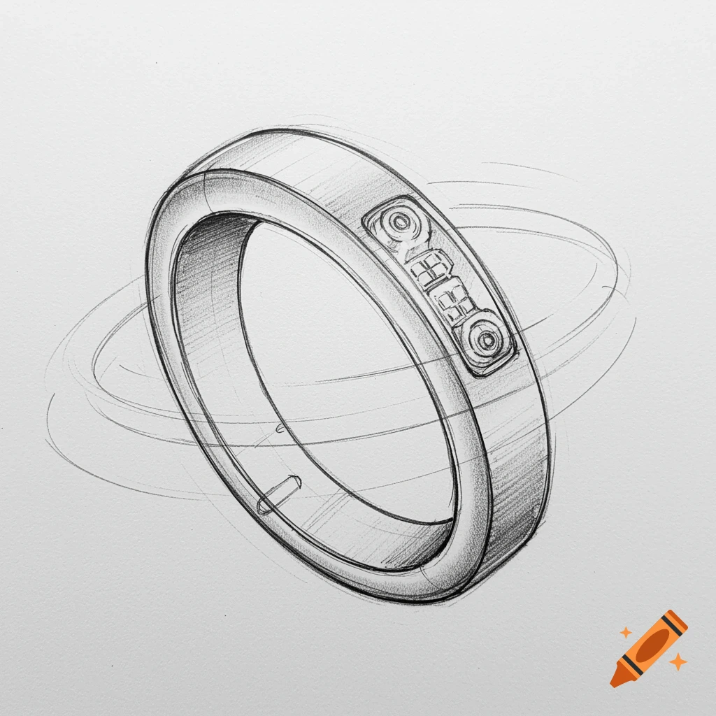 A pencil sketch of a smart ring with swirling lines indicating motion on a white background.