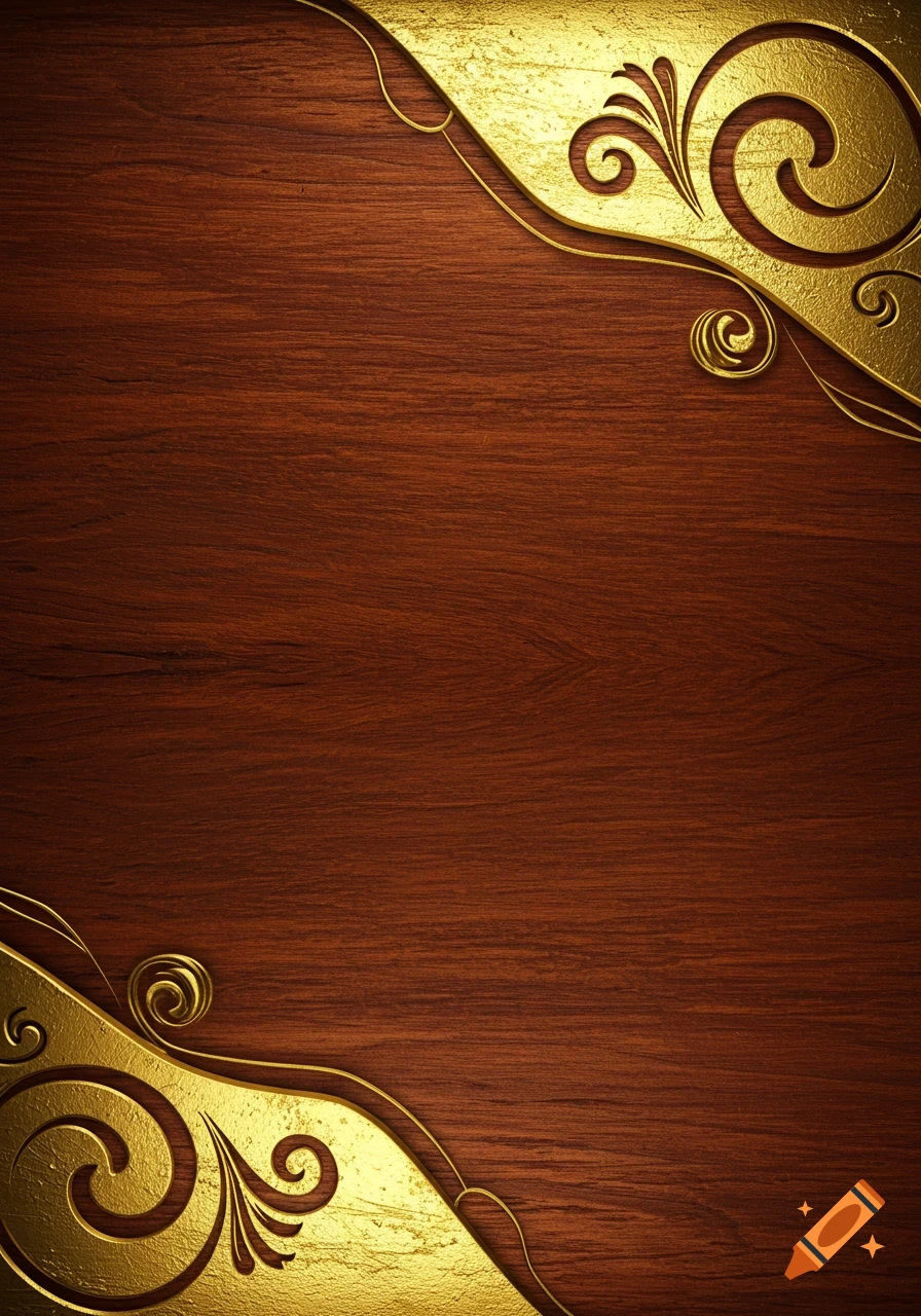Dark wood background with ornate gold scrollwork in the top right and bottom left corners.