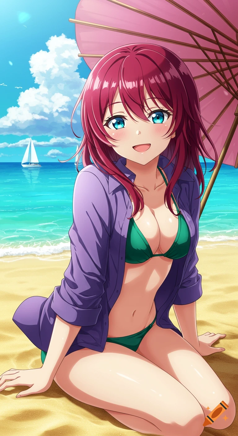 Anime girl with red hair and blue eyes in a green bikini and purple unbuttoned shirt sits on a sandy beach under a pink umbrella, with a sailboat in the background.
