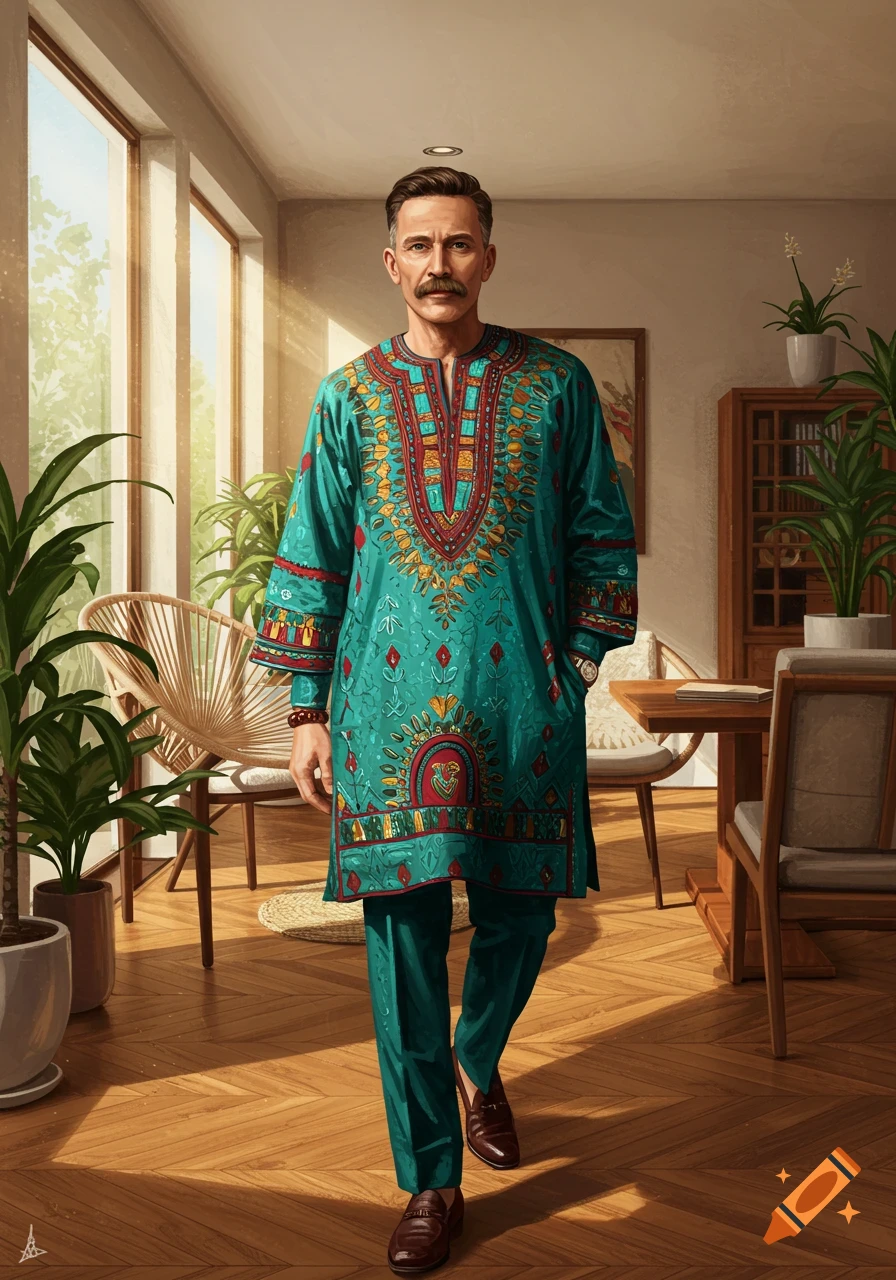 A man with a mustache wearing a vibrant teal dashiki walks in a sunlit room filled with plants.