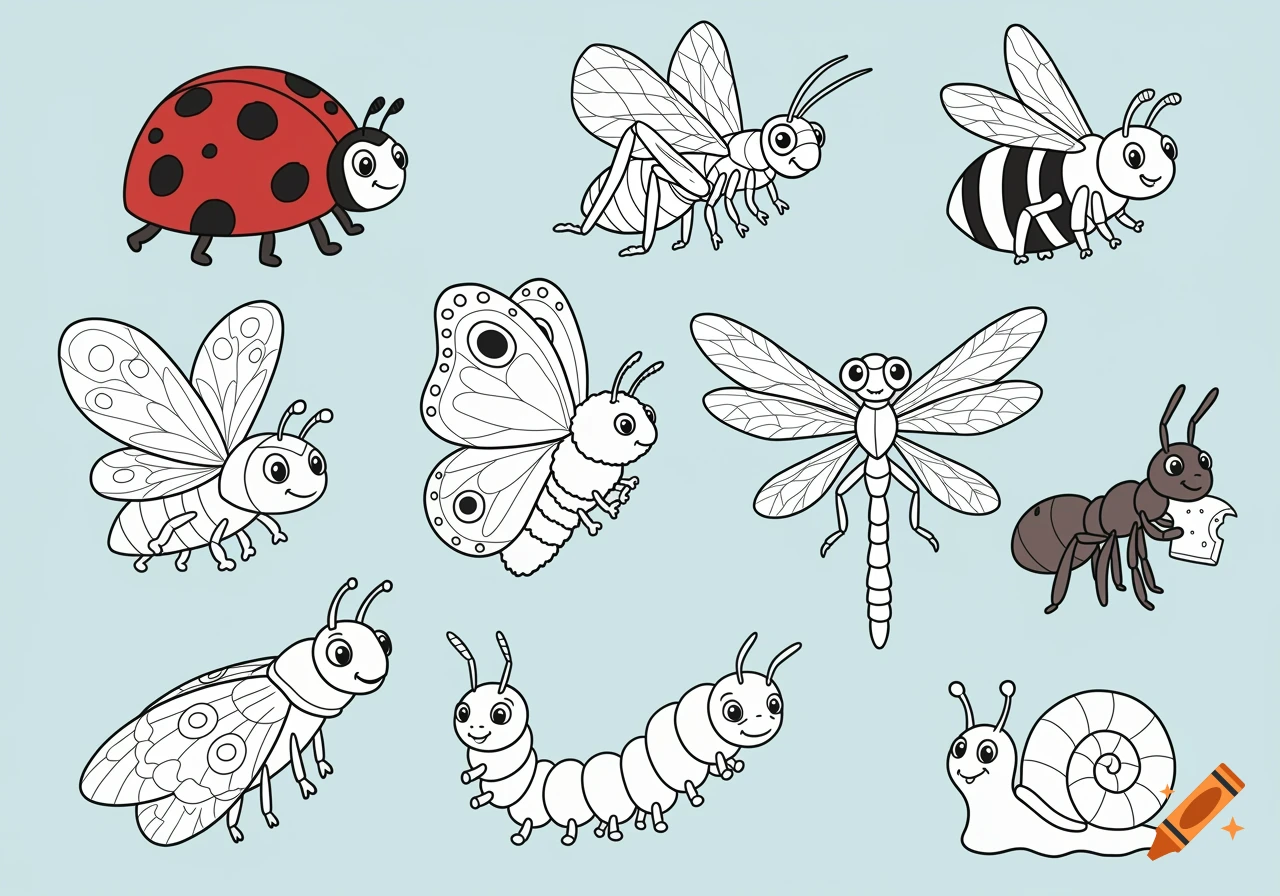 Collection of cute cartoon line art insects and a snail, with one red ladybug.