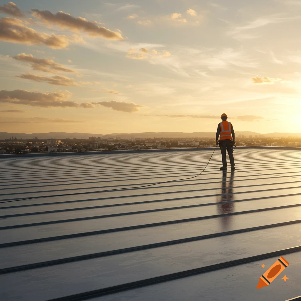A person in a safety vest and hard hat stands on a large corrugated metal roof, overlooking a city skyline at sunset.