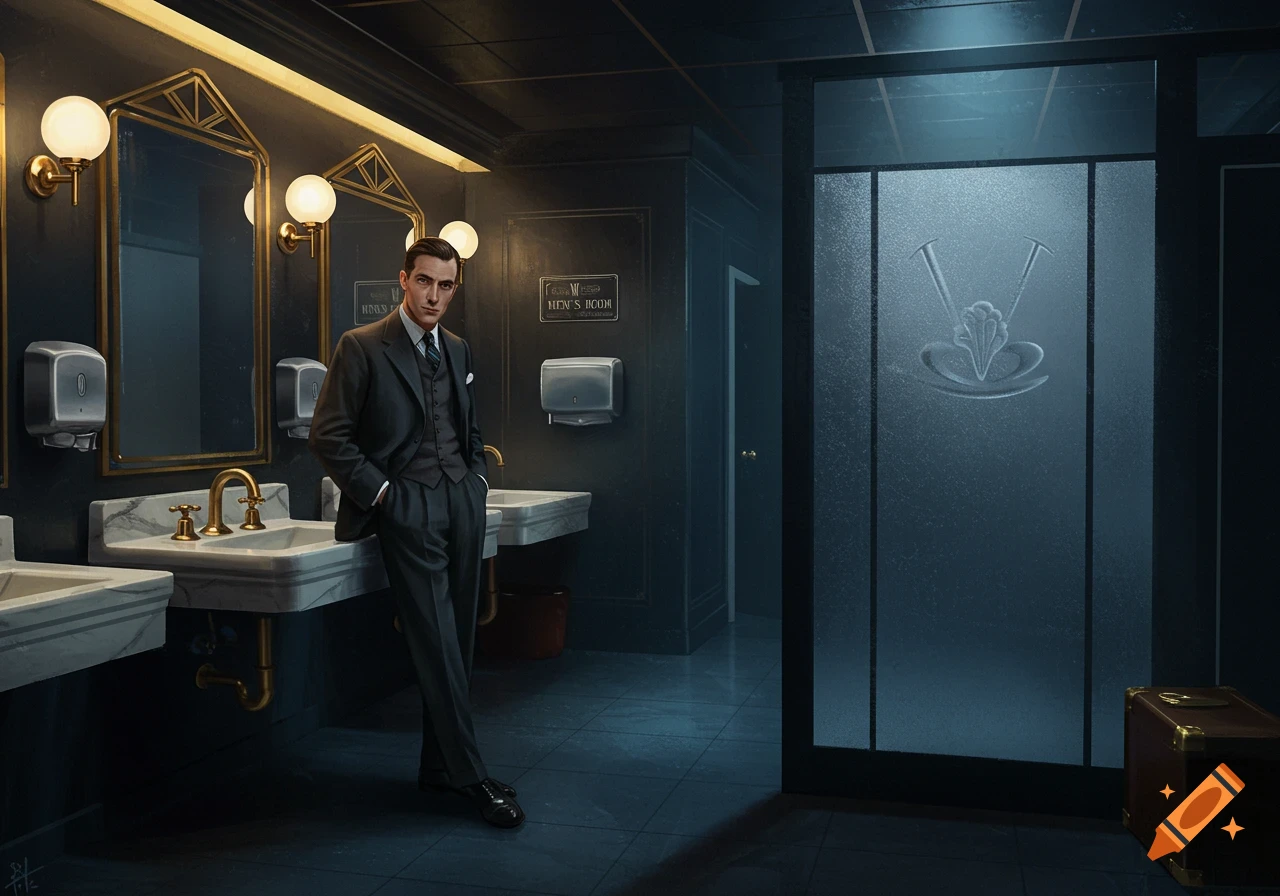 A man in a suit stands in an elegant, dimly lit men's restroom with multiple sinks and mirrors.
