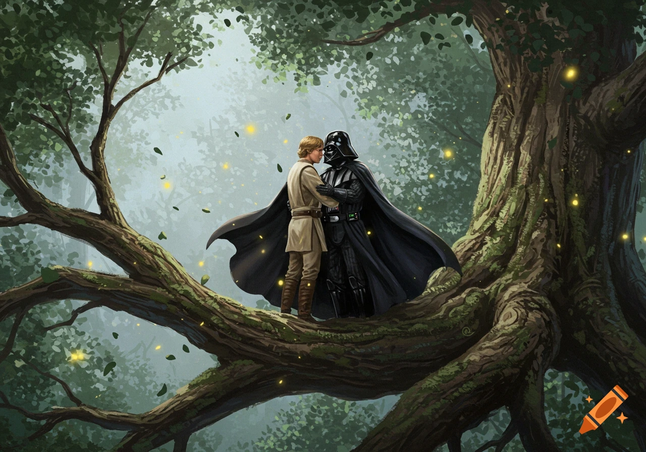 Luke Skywalker and Darth Vader embrace on a large tree branch in a mystical forest with glowing lights, in an illustrated style.