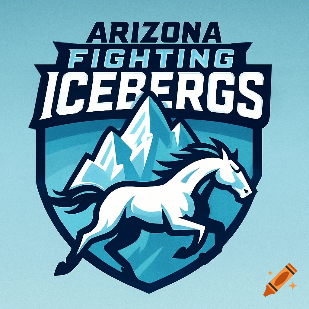A stylized blue and white logo for the Arizona Fighting Icebergs, featuring a galloping white horse and mountains within a shield.