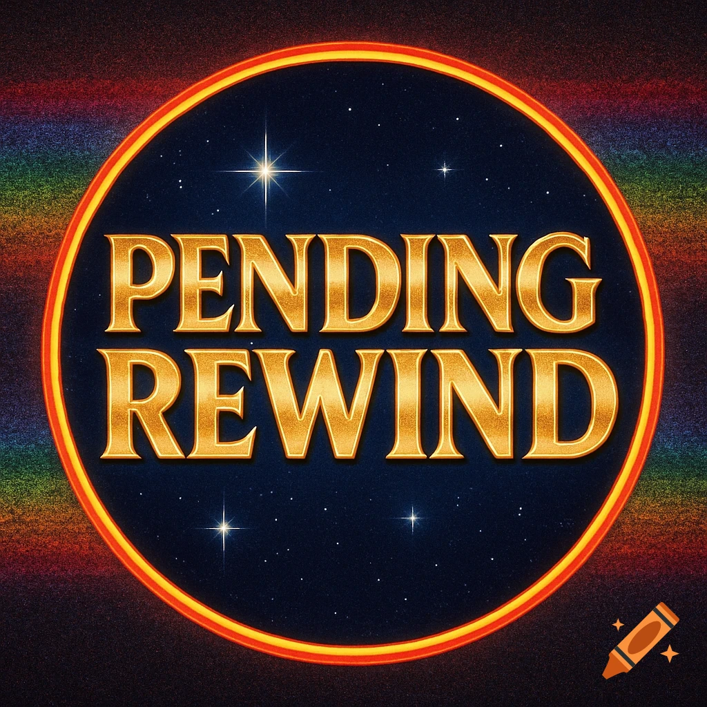 A circular logo with a dark blue starry background and golden text that reads "PENDING REWIND". The circle has a glowing orange and yellow border, and rainbow-colored horizontal lines appear outside the circle, giving a retro 80s VHS aesthetic.