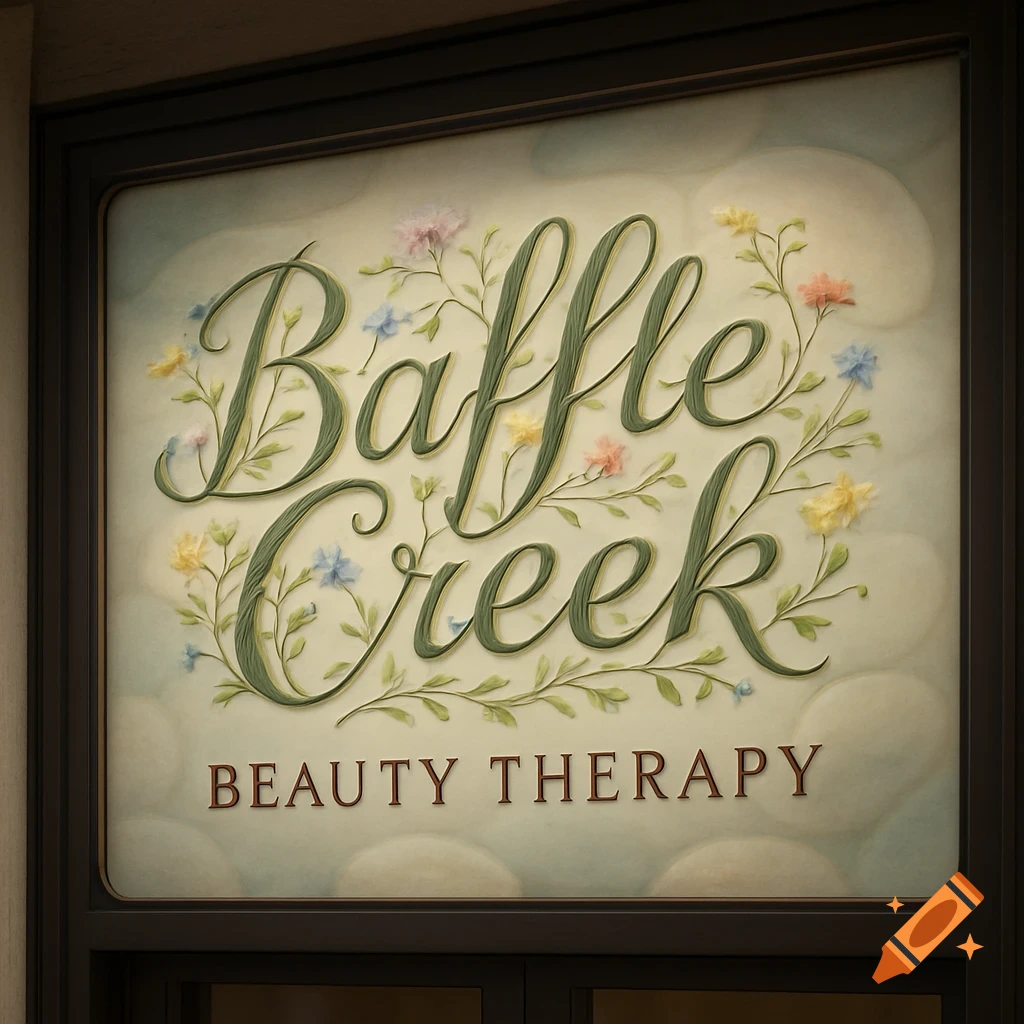 A close-up of a shop sign for "Baffle Creek Beauty Therapy." The text is in a green script font adorned with vines and colorful flowers. Below, "BEAUTY THERAPY" is in a simple serif font.