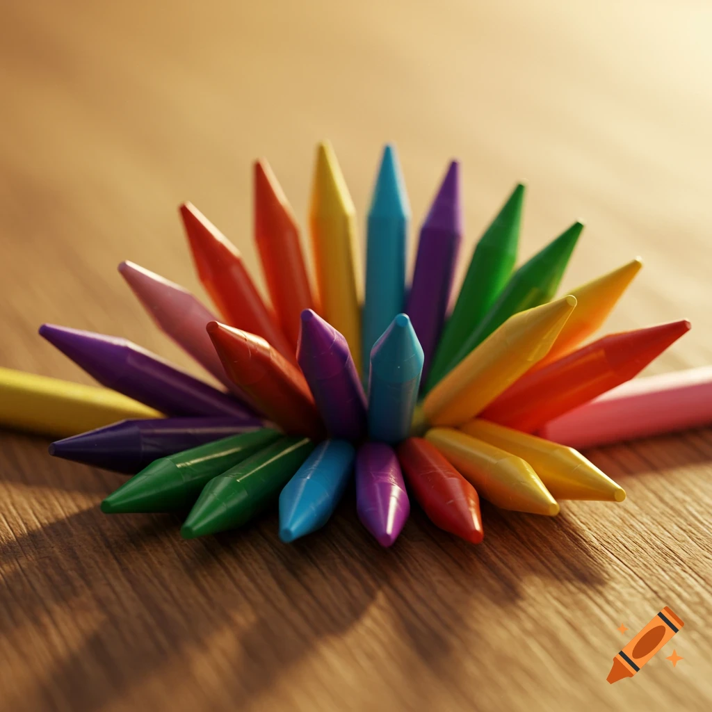 Photorealistic image of rainbow-colored crayons arranged in a flower shape on a wooden surface.