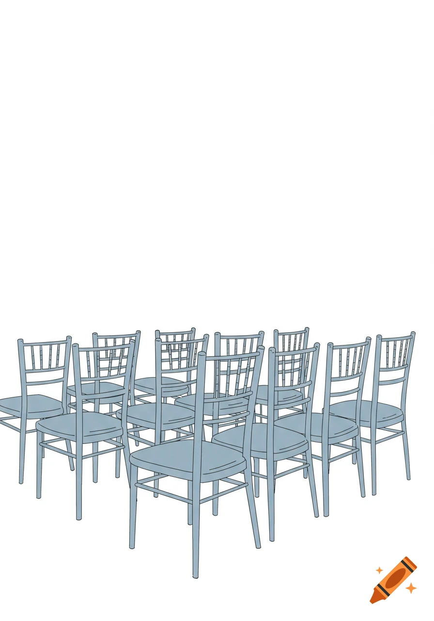 Minimalist drawing of several light blue wedding chairs in a row on a white background.